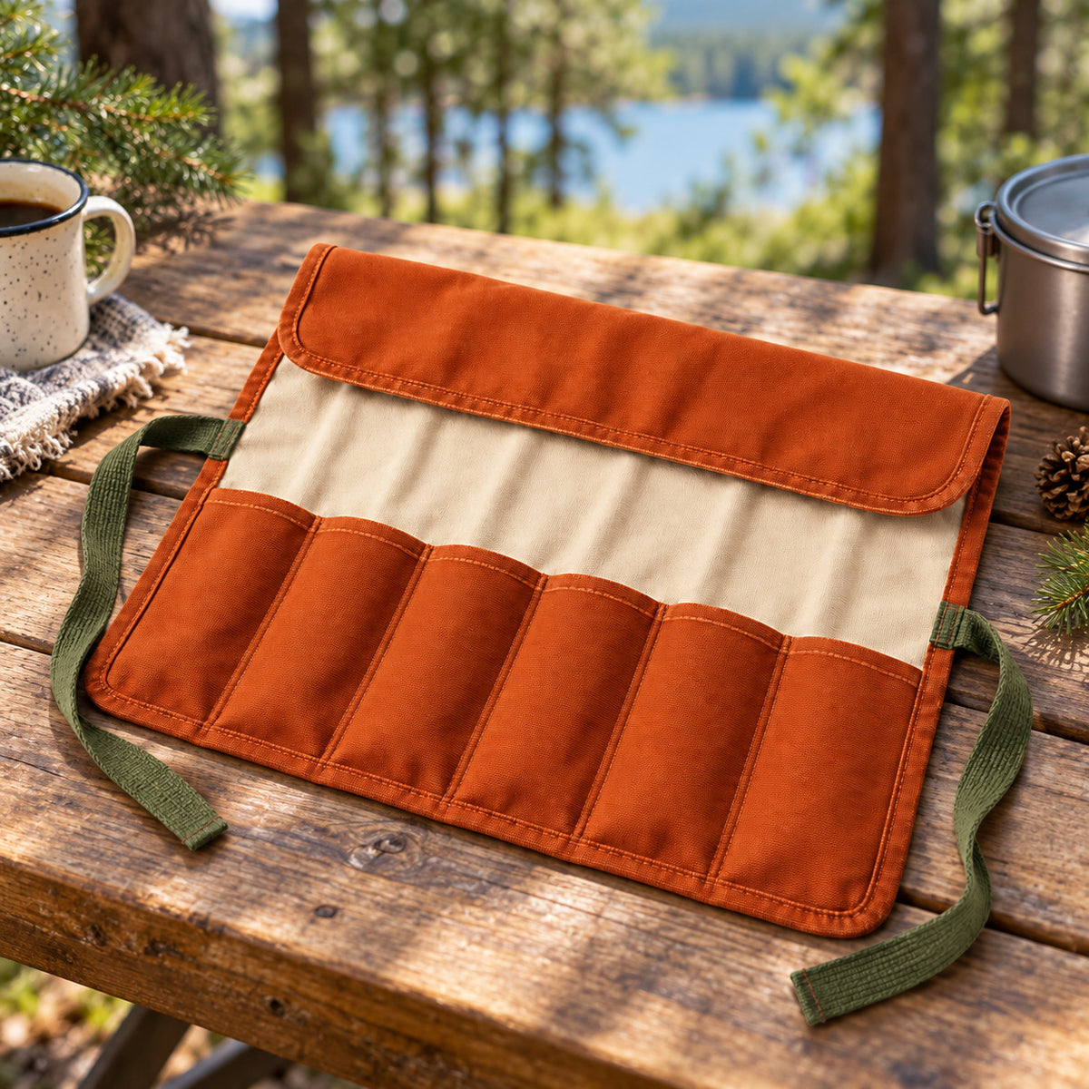 FoldTable Six-Sleeve Camping Cutlery Roll - Rust Orange